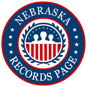 A red, white, and blue round logo with the words Nebraska Records Page