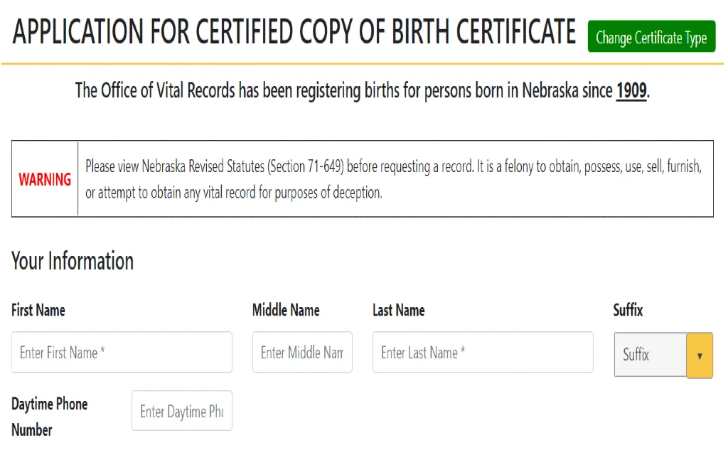 A screenshot showing that free marriage records in Nebraska and other divorce records have been registered since 1909 and can be searched using an individuals' name.