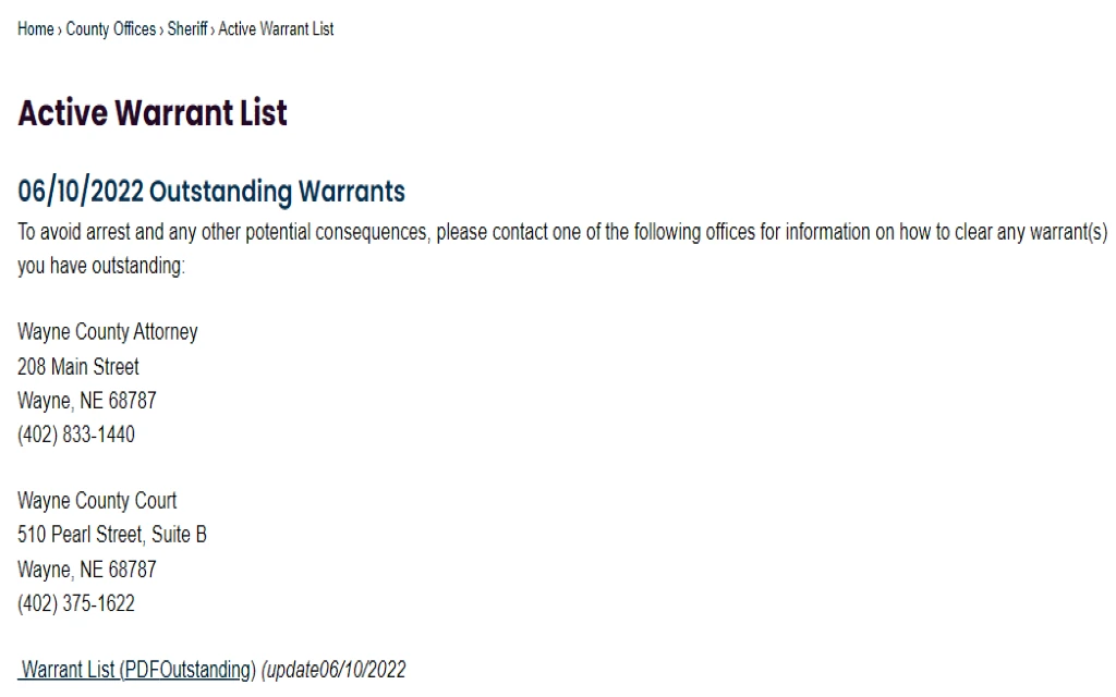 An image showing free Nebraska warrant search process for Wayne county for active warrants that's viewable in a pdf format.