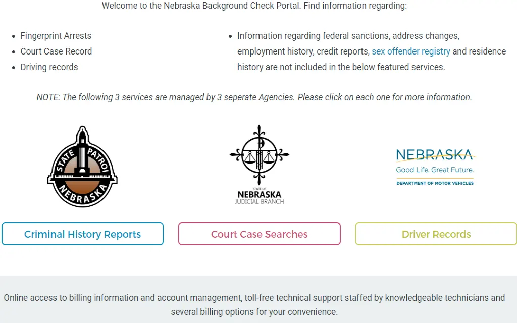 An image of the Nebraska background check portal where searchers can request criminal history reports, court case searches and motor vehicle records.