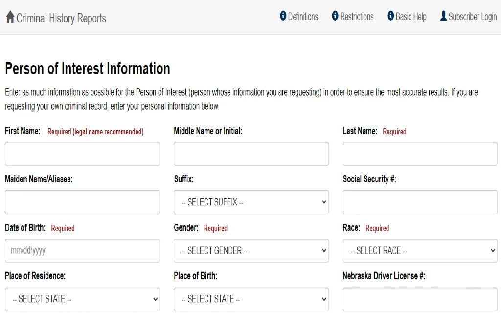 A screenshot of the Nebraska state patrol website showing criminal history reports can be requested by if someone knows their name, date of birth, birth date, race, and sex.