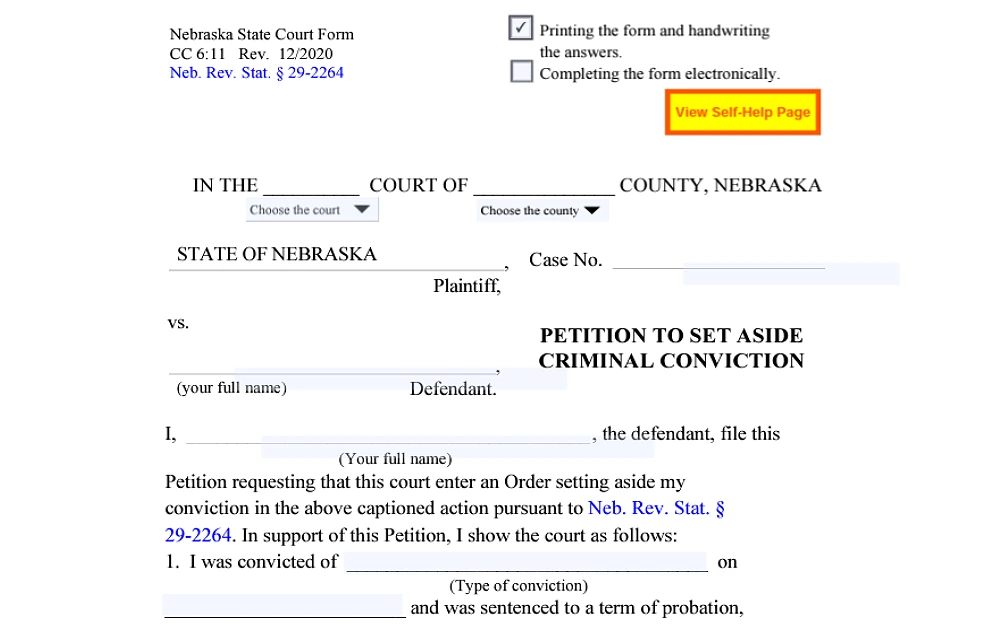 The form for the petition to set aside a conviction would require some personal information, such as the name of the court and county in which you were convicted, the case number, the full name of the defendant, and the type of conviction.