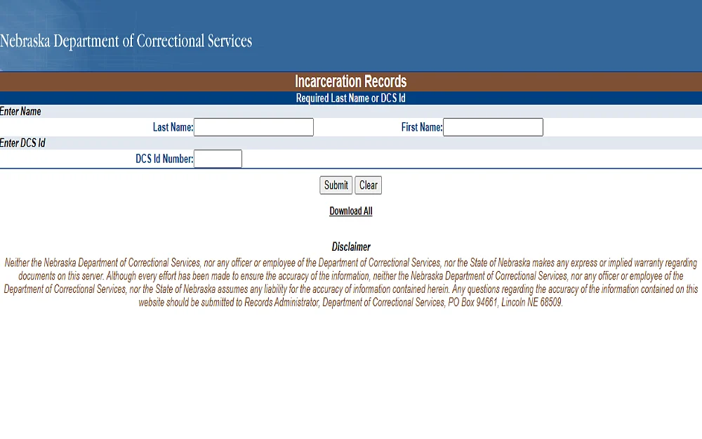 Nebraska Department of Correctional Services offers a search tool for accessing an individual's incarceration records as long as you know their first and last name and DCS ID.