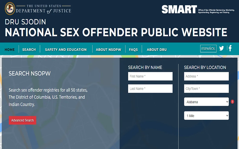 Department of Justice National Sex Offender Public website where you can search by name or by location the list of sex offenders in all 50 states, The District of Columbia, U.S. Territories, and Indian Country.