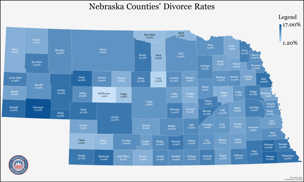A map of the state of Nebraska showing the divorce population rates of each county base on the Census Bureau (2021) that ranges from 1.20%-17.00%.