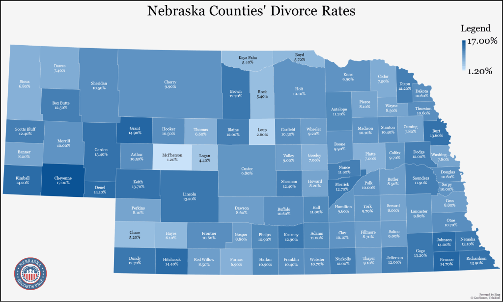 A map of the state of Nebraska shows each county's divorce population rates based on the Census Bureau (2021), which ranges from 1.20%-17.00%.