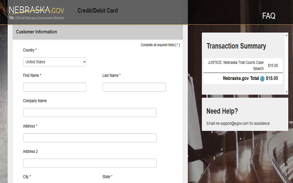 A screenshot of Nebraska Justice Search that is used to operate a statewide criminal record search in the state of Nebraska, it will ask for some personal information like your name, address, contact number, and email address.