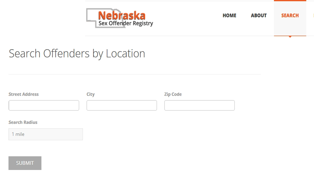 Nebraska sex offender search tool requires the street, city, and zip code as prompts for a 1—to 3-mile radius of the search location.