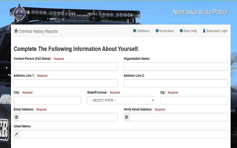 The online application request for criminal record history in the state of Nebraska which requires the individual's full name, address, and email address. 