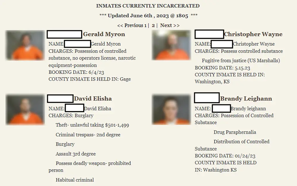 An Arrest Records Screenshot from the Gage County which shows the name, charges, booking date, and county the in mate is held on.