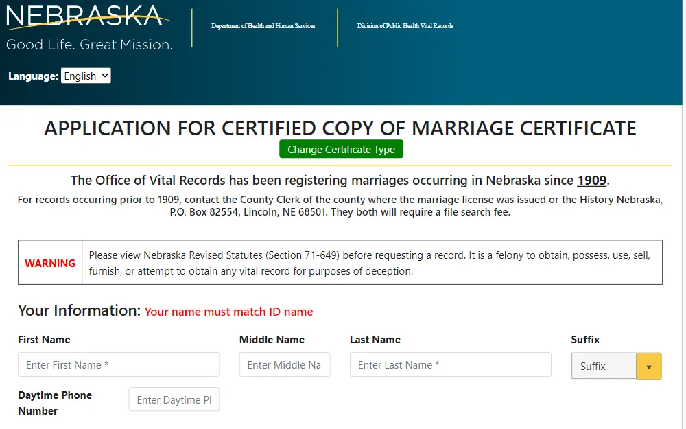 A screenshot of the online form that can be used by those individuals requesting a certified copy of their marriage certificate or one for a parent or sibling.