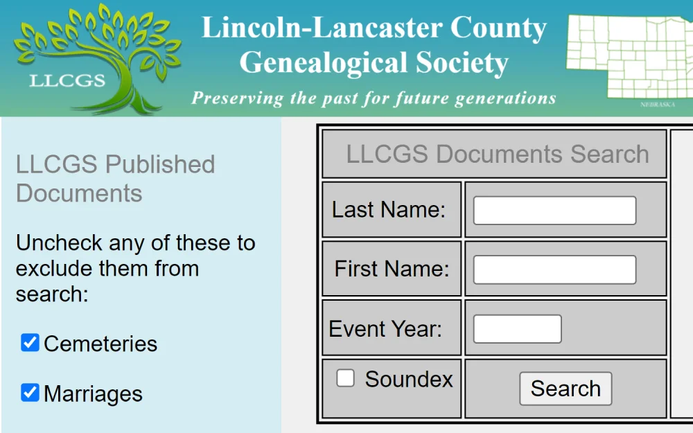A screenshot displaying a search tool can be used to find contents, records, or documents by required last name, first name, and event year from the Lincoln-Lancaster County Genealogical Society website.