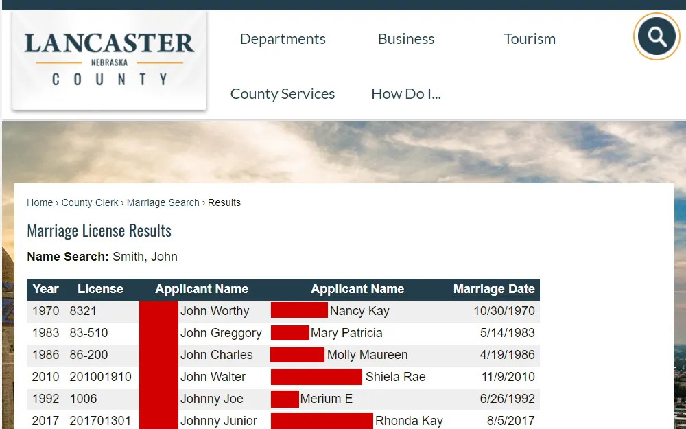 A screenshot of the database that includes marriage records from the mid-1960s to the present, and individuals can search by name or marriage date.