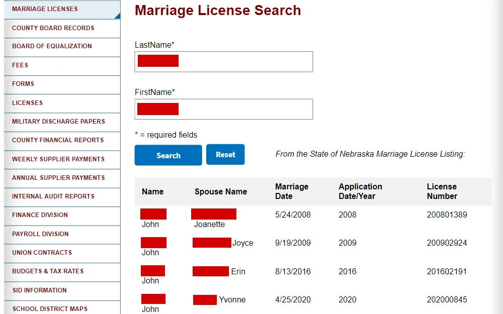 A screenshot of the search tool where the user can see the names of both married parties, their date of marriage, their marriage application date, and their marriage license number.