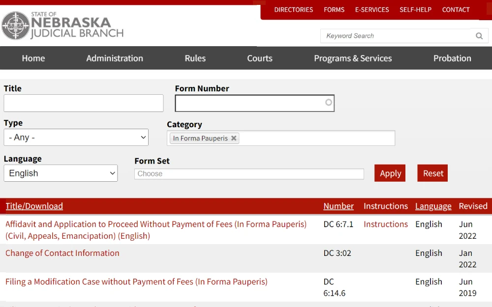 A screenshot displaying a search tool can be used to find the master forms list by the title, form number, form set, and selecting a filter type and category, including the language from the State of Nebraska Judicial Branch website.