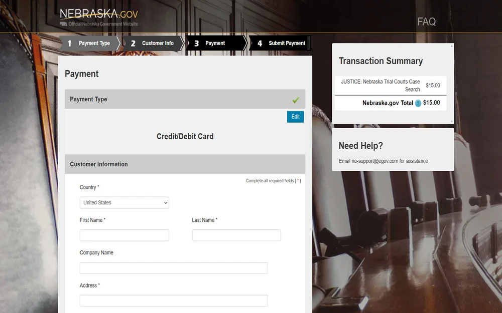 A secure payment form on a state government website for processing transactions related to trial court cases, featuring fields for credit/debit card information, customer details, with a summary of the transaction costs, and an available customer support contact for assistance.