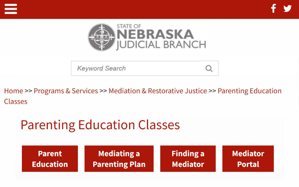 A screenshot showing information regarding the programs and services offered, specifically parenting education classes, and additional information regarding parent education, mediating a parenting plan, finding a mediator, mediator portal from the State of Nebraska Judicial Branch website.