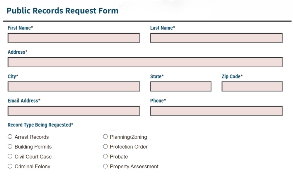 A screenshot of a public records request form requires filling out information such as first name, last name, address, city, state, zip code, email address, and phone and selecting the record type requested from the Sarpy County Courthouse website.