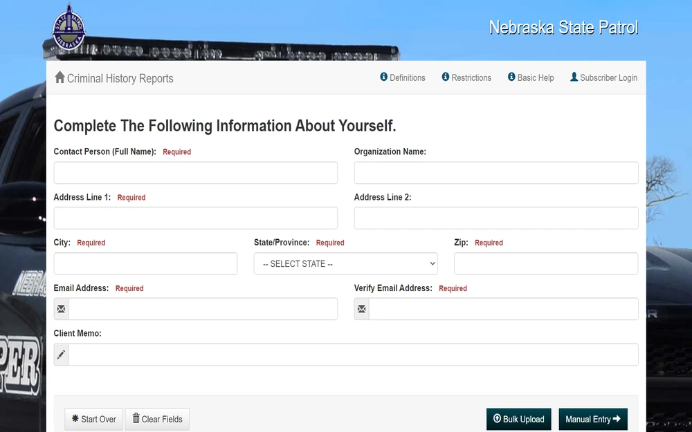 A screenshot from the Nebraska State Patrol shows personal and contact details to request a criminal history report, with labeled fields for full name, address, city, state, zip code, and email verification.