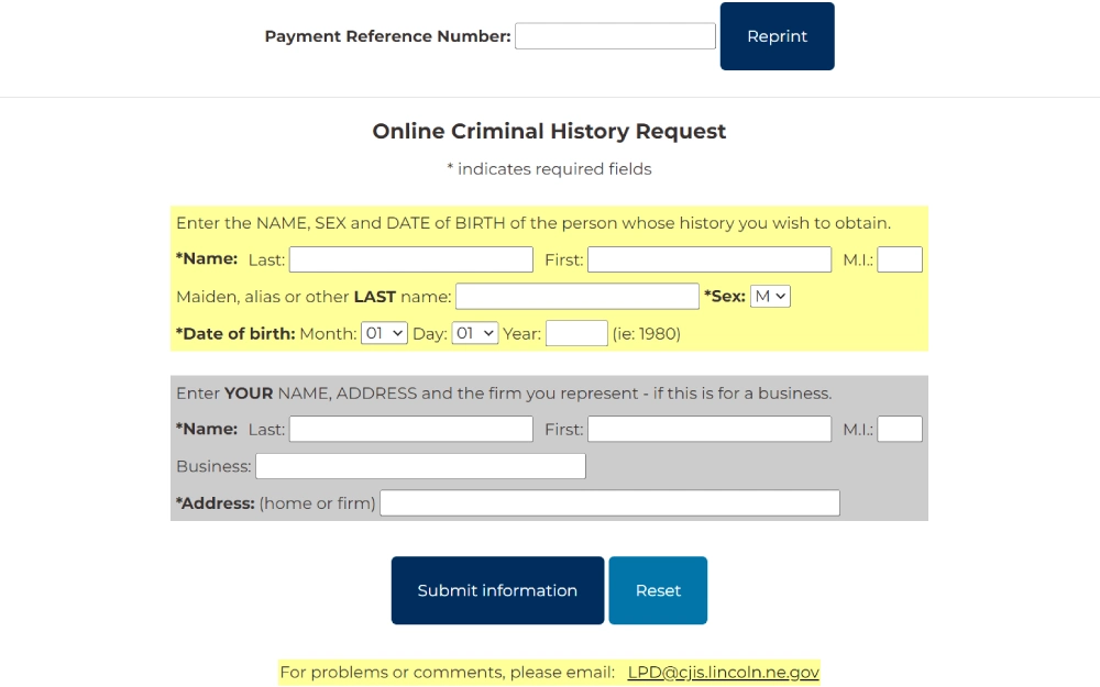 A screenshot from the Lincoln Police Department detailing an online form for requesting criminal history information, highlighting required fields for entering the name, sex, and date of birth of the individual being researched, as well as the requester's name and address, with a submit button and a reset button at the bottom.