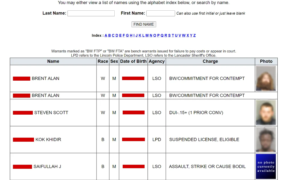 A screenshot from the Lancaster County Sheriff’s Office detailing search fields for last name and first name, providing a list of individuals along with their race, gender, birth date, the agency issuing, the specific charges, and a column for photographs, some of which are filled with images while others indicate a photo is not available.
