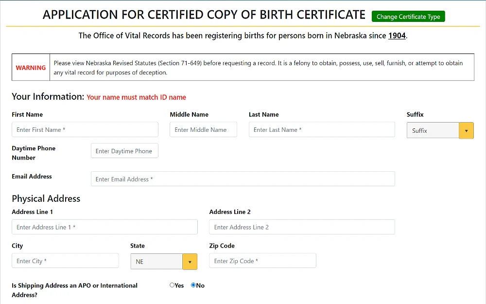 A screenshot of the application for a certified copy of the birth certificate includes details such as the applicant's first, middle, and last name, daytime phone number, email address and physical address.