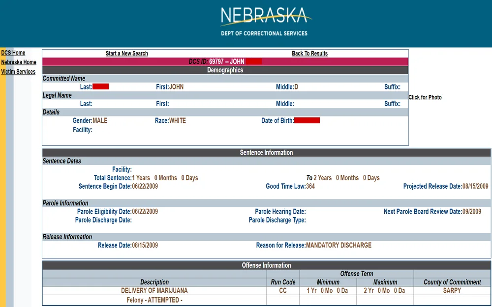 A screenshot from the Nebraska Department of Correctional Services shows an individual's committed name, legal details, demographic information, sentence dates, parole eligibility and discharge dates, release information, and offense details, including a description and terms.