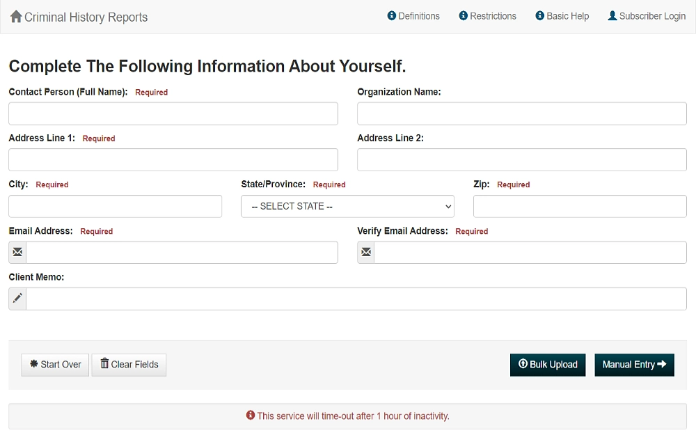 A screenshot of the criminal history reports needing information such as the contact person's full name, organization name, address, city, state, province, and client memo.
