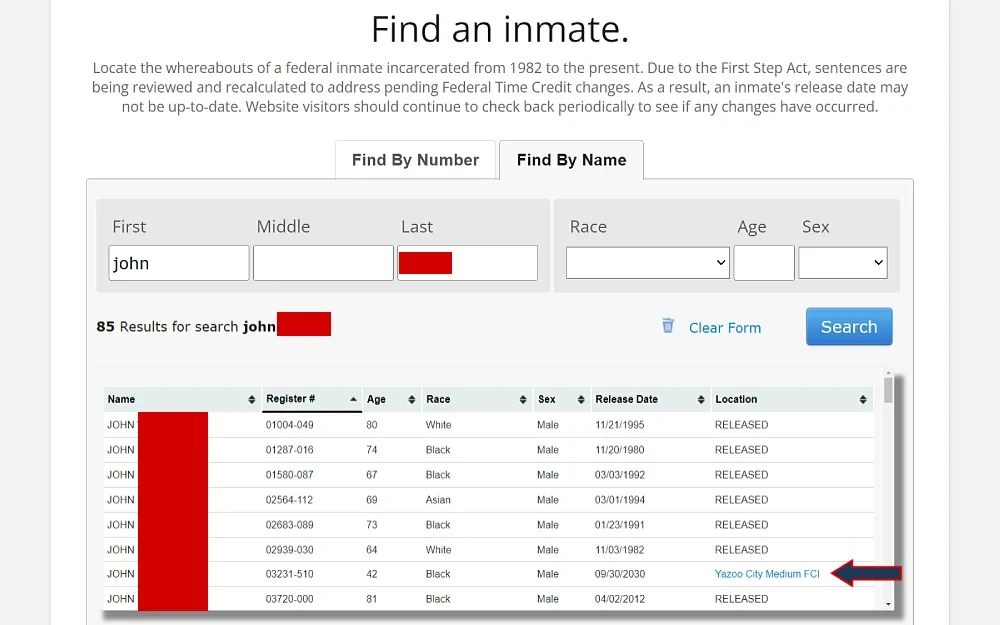 A screenshot of the find an inmate locator, which offers options to search by name or by number, with fields such as first, middle, and last name, race, age, and sex, and displays additional details on the search results lists from the Federal Bureau of Prisons website.