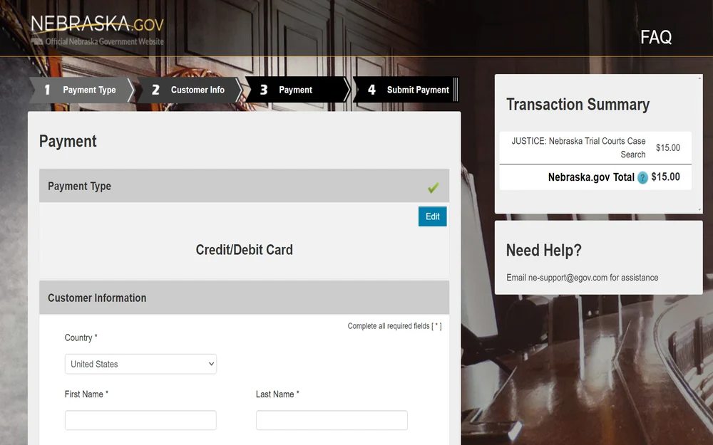 A screenshot displays a payment form from the Nebraska Government website where a user can enter customer information and credit/debit card details to complete a transaction, with a transaction summary on the side listing the service and total cost.