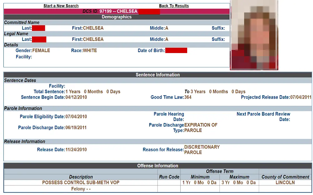 A screenshot displaying an inmate's details shows an option to click the mugshot photo and information such as DCS ID, committed name, legal name, gender, facility, race, date of birth, sentence and offenses from the Nebraska Department of Correctional Services website.