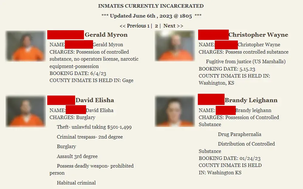 An arrest records screenshot from Gage County shows the inmate's name, charges, booking date, and county of custody.